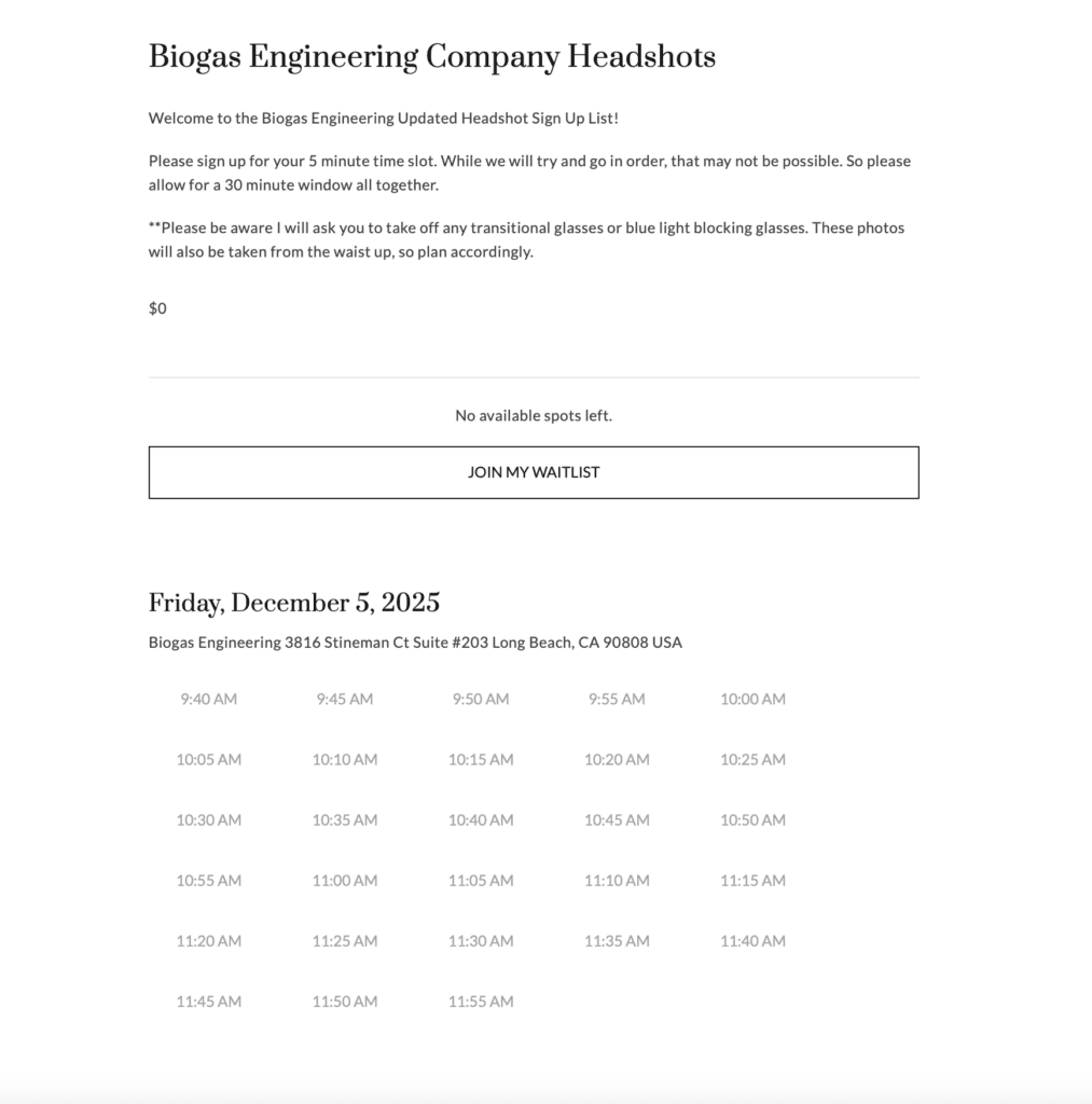Company Headshot Day for Biogas Engineering in Long Beach, with custom sign up link
