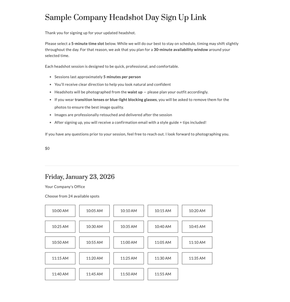 Company-Wide Headshot Days in Long Beach, custom sign up link